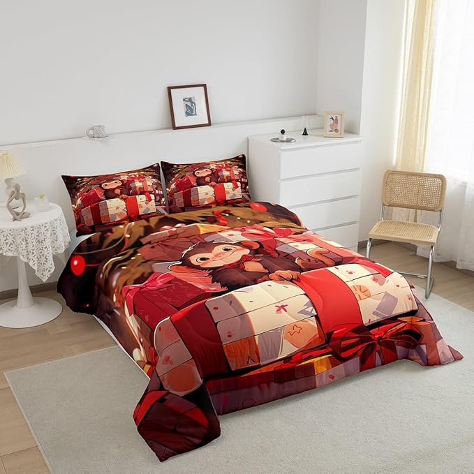 Merry Christmas Comforter Set Full Size,Cartoon Cute Monkey Bedding Set for Kids Boys Girls Room Decor,Animals Microfiber Modern Soft Quilt Set,Xmas Theme Red Luxury Duvet Insert 3Pcs,2 Pillowcases