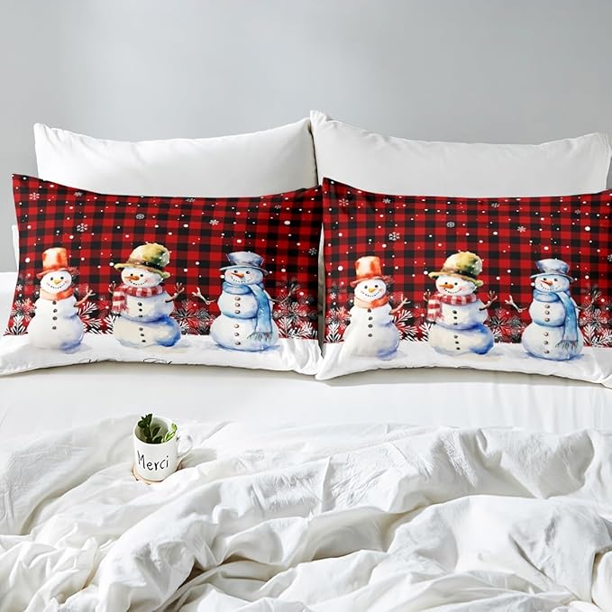 Xmas Snowman Duvet Cover Set King Size, Christmas Bedding Set 3pcs for Kids Boys Girls Bedroom Decor, Red Black Plaid Print Comforter Cover with 2 Pillowcases,Snowflake Print Quilt Cover,No Comforter