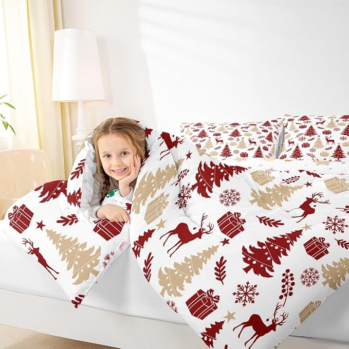 Feelyou Christmas Comforter Set All Season Xmas Tree Bedding Set with 1 Pillow Cases Reindeer Microfiber Kids Twin Bedclothes Snowflake Gift Bedroom Decor Duvet Quilt Breathable Soft Lightweight