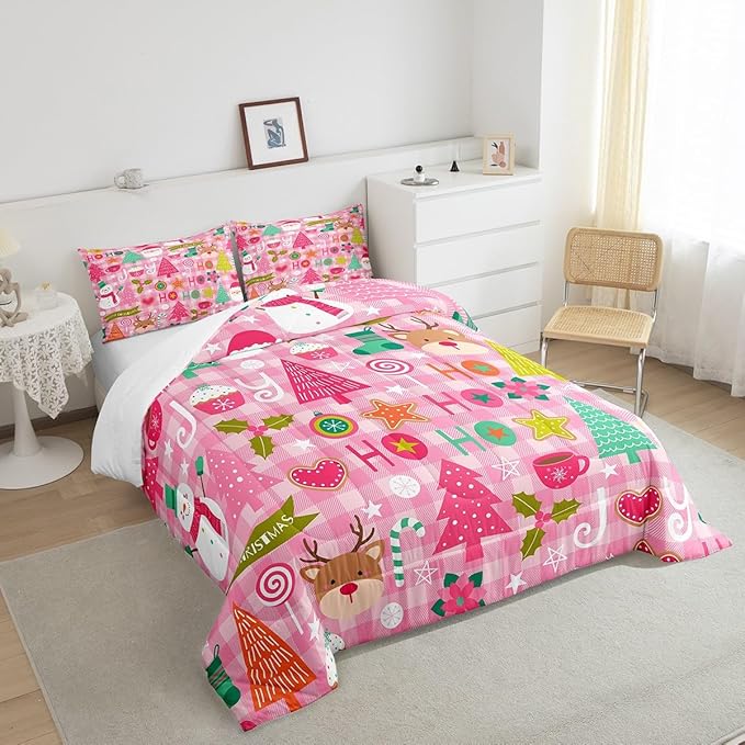 Merry Christmas Kids Comforter Set Queen Size,Cartoon Santa Claus Snowman Deer Xmas Bedding Set,Boys Girls Adults Room Decor,Geometric Grids Down Comforter,Pink Romantic Duvet Insert,2 Pillowcases