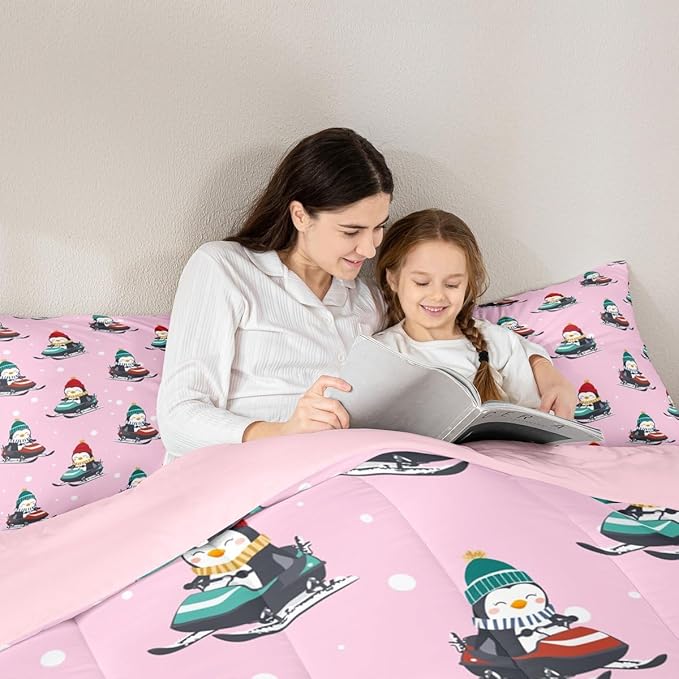 Feelyou Christmas Kids Comforter Set Toddler Size Pink Penguin Bedding Set Cartoon Penguin Skiing Duvet Quilt for Kids Boys Girls Bedroom Snowflake Decor Microfiber Ultra Soft Breathable