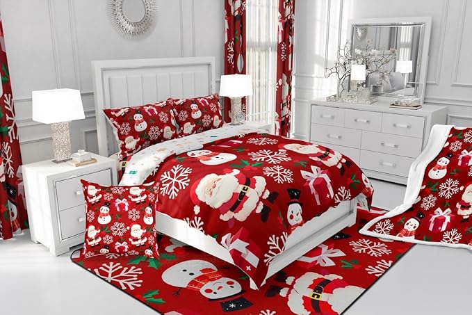 jejeloiu Merry Christmas Comforter Set Full Size Xmas Santa Claus Bedding Set for Kids Boys Girls Cute Snowman Duvet Quilt Red Bedroom Decor