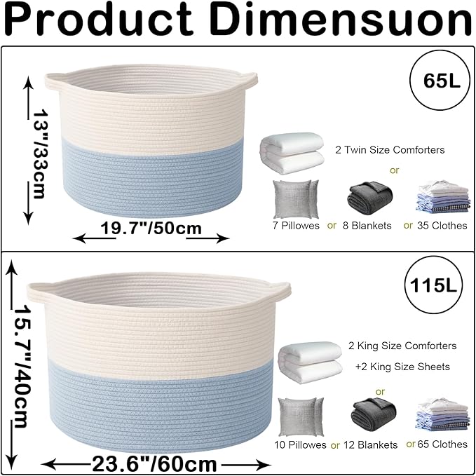 Large Blanket Basket for Organizing,115L Closet Organizers and Storage Bins Box for Shelves Woven Rope Storage Baskets,Living Room,Bedroom,Dorm,Laundry room (White&Blue)