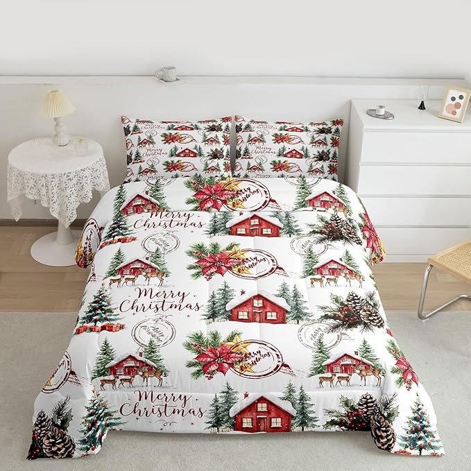 Merry Christmas Kids Bedding Set Queen Size,Poinsettia Winter Xmas Pine Tree Comforter Set,Snowflake Rustic Farmhouse Quilt Comforter,Red Green White Bedroom Duvet Insert,2 Pillowcases