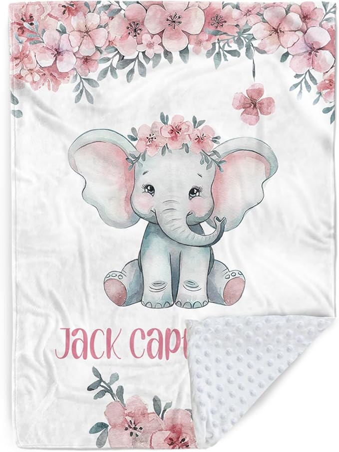 Personalized Baby Blankets for Girls Boys, Custom Elephant Baby Blanket with Name for Kids, Flannel Bed Throw Blanket for Newborn, Customized Baby Gifts for Baby Shower Nursery Blanket(47"x60)