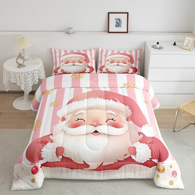 Feelyou Merry Christmas Decorations Queen Size Comforter Set Santa Claus Bedding Set Pink Quilt Set Soft Warm Lightweight Duvet Set