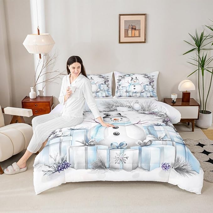 Feelyou Merry Christmas Kids Comforter Set Twin Size Cute Snowman Bedding Set Duvet Quilt for Kids Boys Girls Bedroom Snowflake Decor Microfiber Ultra Soft Breathable