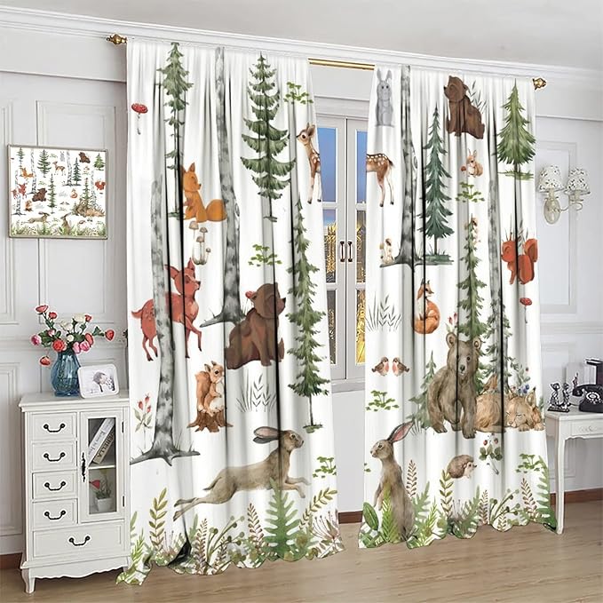 Animal Kids Curtains, Woodland Squirrel Rabbit Bear Animal Friends Forest Curtains for Boys and Girls Bedroom Living Room Kitchen 52x84in