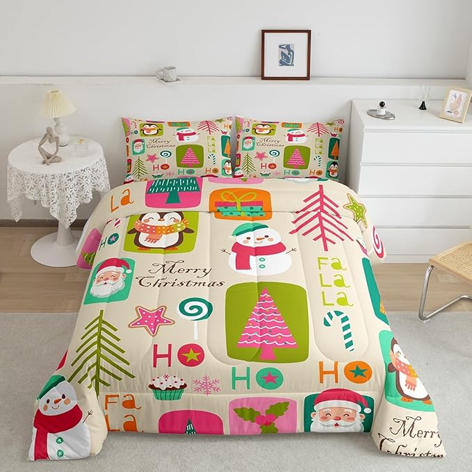 Erosebridal Xmas Decor Quilts Kids Santa Claus Christmas Tree Comforter Set Boys Girls Bedroom, Cartoon Snowflake Bedding Set Cute Snowman Down Comforter King Size