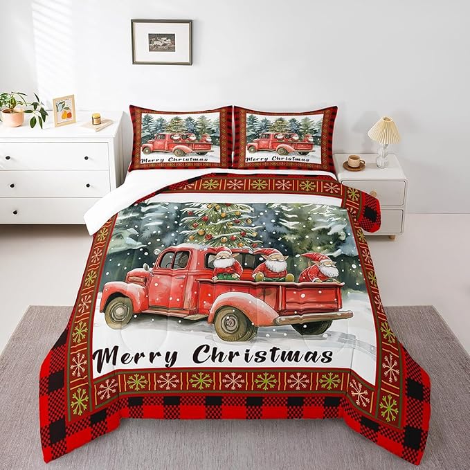 Merry Christmas Comforter Set King Size,Retro Red Truck Christmas Tree Duvet Insert for Kids Boys Girls Room Decor,Gnome Snowflake Xmas Bedding Set 3Pcs,Black Red Plaid Quilt Set,2 Pillowcases