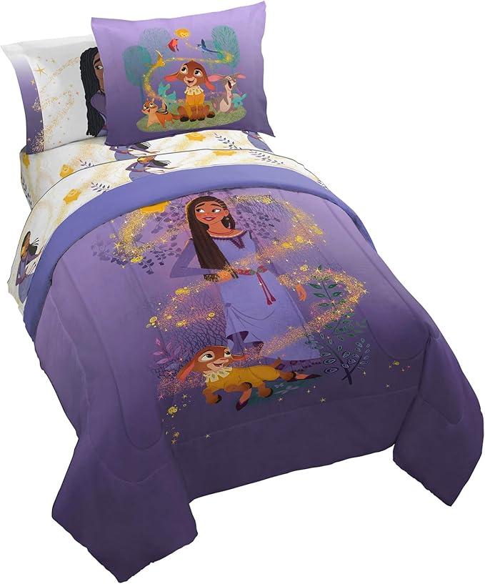 Jay Franco Disney Wish Twin Comforter Set - 5 Piece Bed Set Includes Sheet Set & Pillow Covers - Super Soft Kids Bedding Features Asha, Valentino & Star