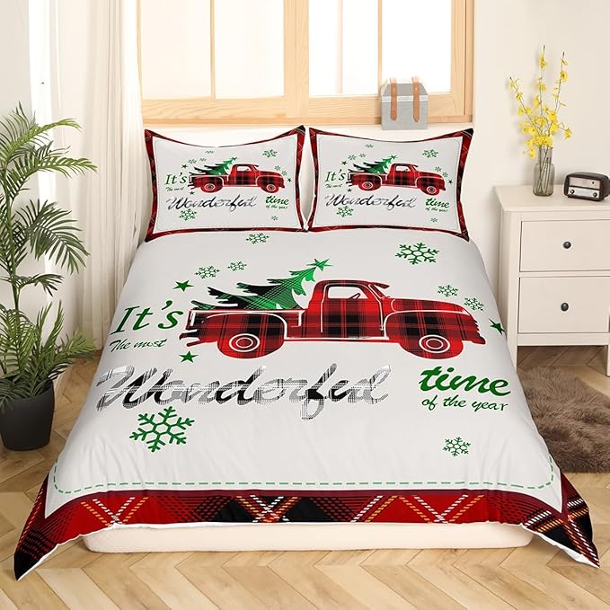 Manfei Xmas Truck Duvet Cover Set Full Size, Christmas Tree Snowflake Print Bedding Set 3pcs for Kids Boys Girls Bedroom Decor, Red Plaid Print Comforter Cover with 2 Pillowcases,No Comforter