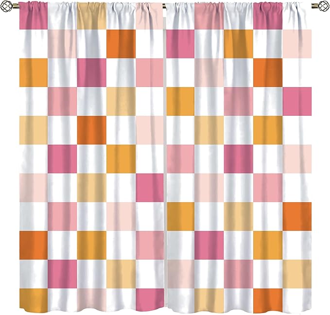 Pink Checkered Curtains,70s Vintage Twisted Checkered Window Drapes Colorful Groovy Trendy Wavy Hippie Grid Print Window Treatments for Kids Girls Bedroom Living Room 42" W X 45" L