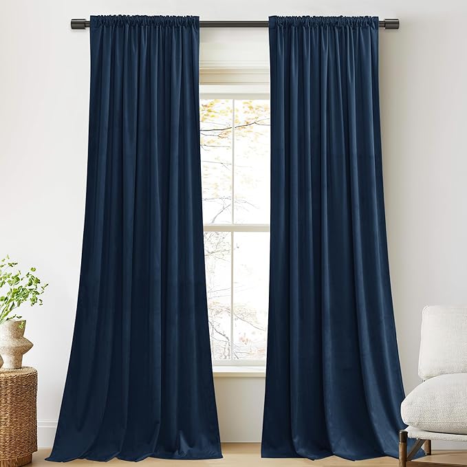 StangH Blue Curtains 102 inches Long Super Soft Velvet Blackout Thermal Insulated Bedroom Drapes Back Tab for French Sliding Door/Living Room, Navy Blue, W52 x L102, 2 Panels