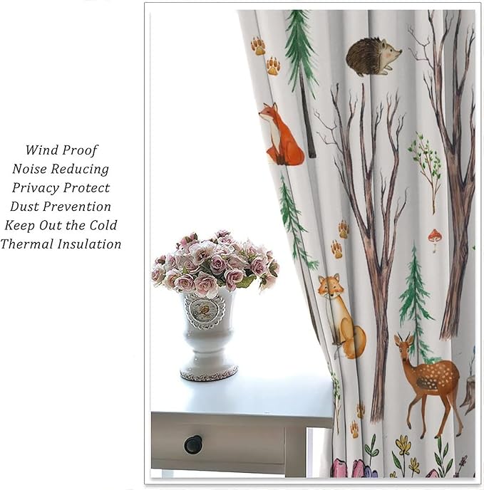 Forest Animal Kids Curtains, Watercolor Cartoon Window Treatments, Cute Animal Floral Girl Toddler Home Bedroom Living Room Drapes 72x63in