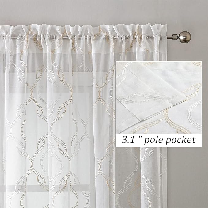 VISIONTEX Sheer Curtains 63 Inches Long 2 Panels Set, Beige and Ivory Moroccan Embroidery Texture Geometric Rod Pocket White Voile Tulle Semi Window Treatment Pair for Bedroom, W54 x L63
