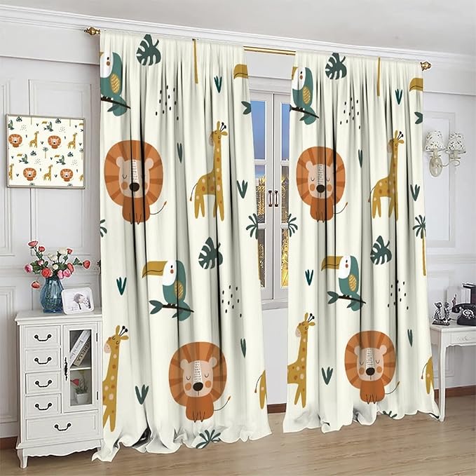Cute Lion Window Curtains for Kids Bedroom,Cartoon Woodland Jungle Forest Wildlife Little Lion Giraffe Owl Palm Tree Printed Pattern Blackout Drapes for Living Room Baby Nursery Room 42x54 Inch