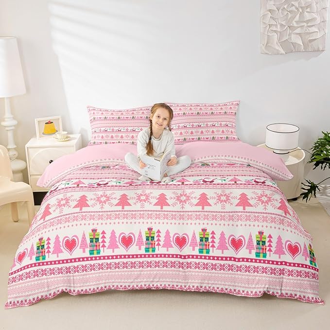 Christmas Comforter Cover Cartoon Santa Claus Snowman Bedding Set Pink Snowflake Christmas Tree Duvet Cover for Kids Boys Girls Microfiber Boho Stripes Bedspread Cover Room Decor Bedclothes Twin Size