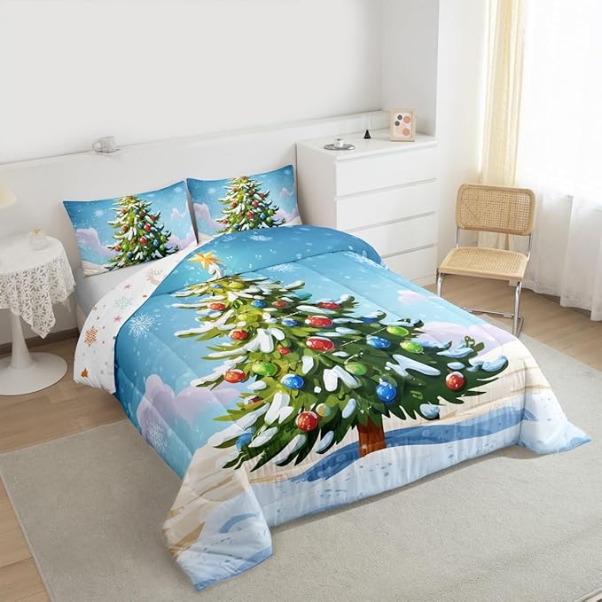 Feelyou Christmas Bedding Set Soft for Boys Girls, Xmas Tree Comforter Set Queen Size Christmas Tree Ornaments Duvet Quilt Microfiber Winter Snowflake Bedroom Decor 3 Pcs with 2 Pillow Cases