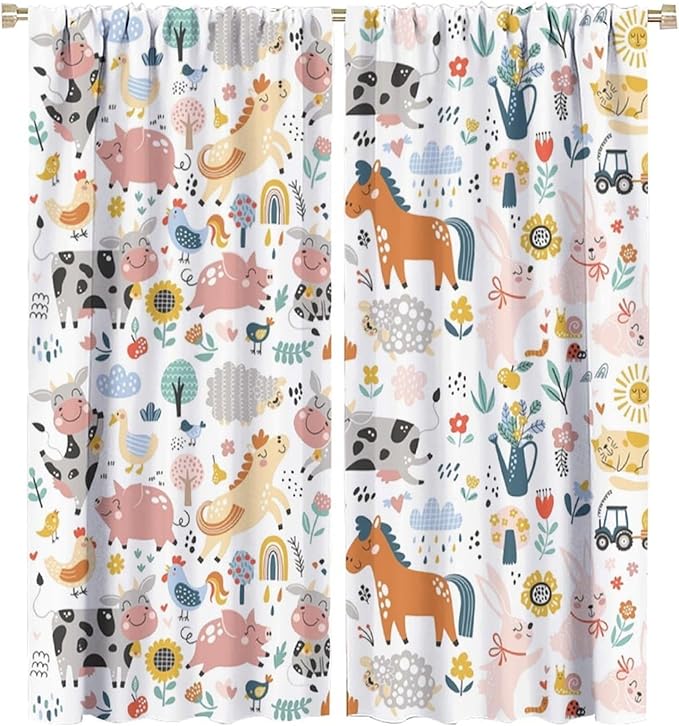 Farm Animal Curtains for Kids, Cartoon Cute Wild Animal Window Treatments Woodland Farmhouse Cow Horse Pig Window Drapes for Girls Boys Nursery Toddler Bedroom 63x72in