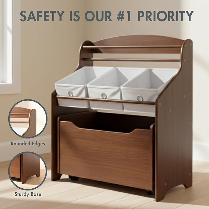 Humble Crew 3-in-1 Kids Bookshelf and Toy Storage Organizer, Espresso/White - Toddler Organizers with Rolling Toy Box and 3 Fabric Bins – Sturdy Baby Book Shelf, Perfect for Nursery and Playroom