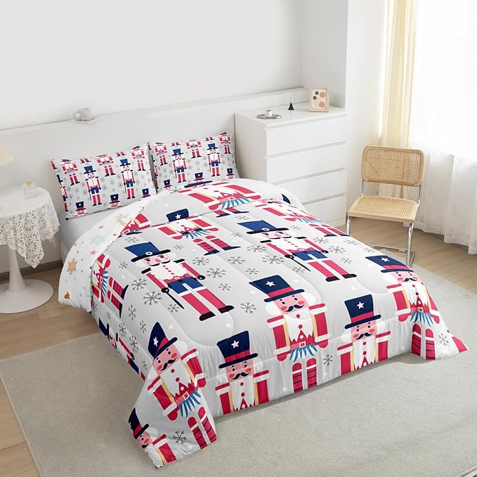 Feelyou Cute Nutcracker Comforter Set Twin Size Christmas Ornaments Bedding Set for Kids Boys Girls Xmas Snowflake Duvet Quilt Soldier Bedroom Decor Kawaii Microfiber 2 Pcs with 1 Pillow Cases