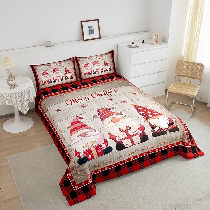Manfei Christmas Gnomes Comforter Set King Size, Rustic Wooden and Red Plaid Xmas Down Comforter with 2 Pillowcases, New Year Theme Bedding Set 3pcs for Kids Boy Girls Lightweight Duvet Insert