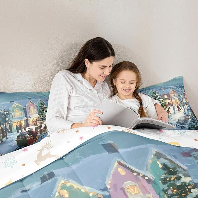 Feelyou Watercolor Christmas Comforter Set King Size Santa Claus Bedding Set for Kids Boys Girls Reindeer Sled Duvet Quilt Xmas Tree Bedroom Decor Microfiber 3 Pcs with 2 Pillow Cases