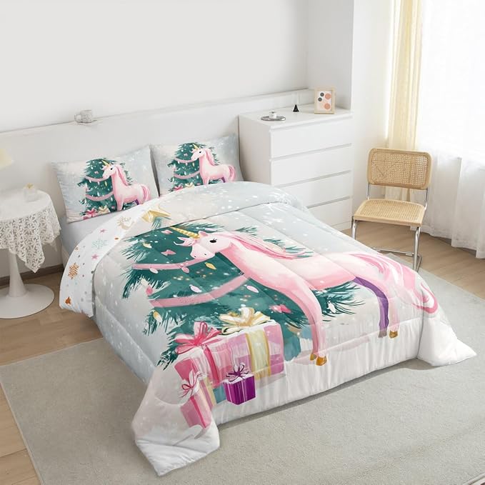 Feelyou Merry Christmas Comforter Set Full Size Cute Unicorn Bedding Set for Kids Boys Girls Gift Duvet Quilt Christmas Tree Bedroom Decor Microfiber 3 Pcs with 2 Pillow Cases