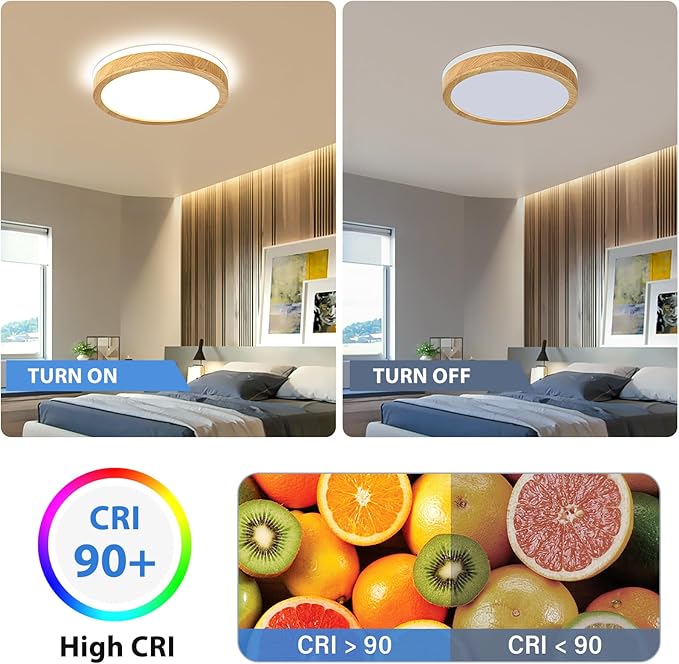 Modern Dimmable Wood Flush Mount Ceiling Light, 2700K-6000K 5CCT Round Close to Ceiling Lighting Fixtures, Minimalist LED Ceiling Lamp for Bedroom, Kitchen, Hallway, Laundry Room-11.81in