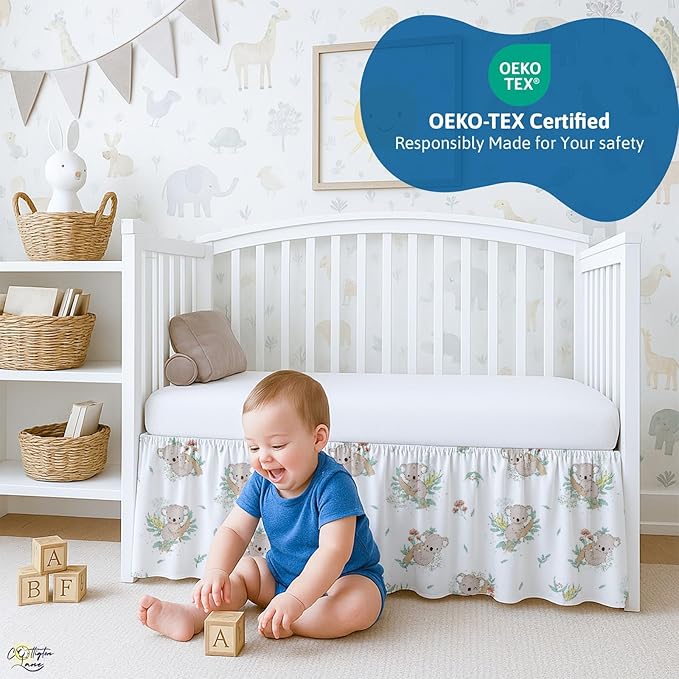 Cottington Lane Crib Skirt Dust Ruffle, 100% Natural Cotton, Soft, Durable Nursery Crib Toddler Bedding Skirt for Baby Girls or Boys, Fits Standard Cribs 28" x 52" with 14" Drop, Koala Cuddles
