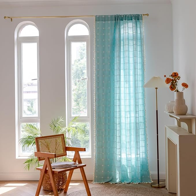 Deeprove Green Boho Curtains 84 Inches Long for Bedroom Nursery Room, Cotton Linen Teal Plaids Embroidery Semi Blackout Bohemian Window Treatment Grids Drape Tassels, 1 Panel W52 x L84, Aqua