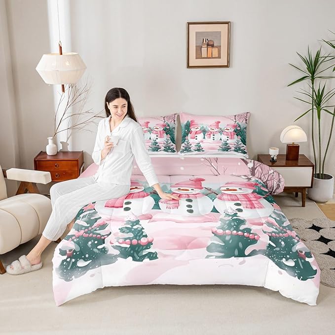 Feelyou Pink Christmas Kids Comforter Set Full Size Merry Christmas Tree and Snowman Bedding Set Cute Snowman Duvet Quilt for Kids Boys Girls Bedroom Xmas Snowflake Decor Kawaii Ultra Soft Breathable