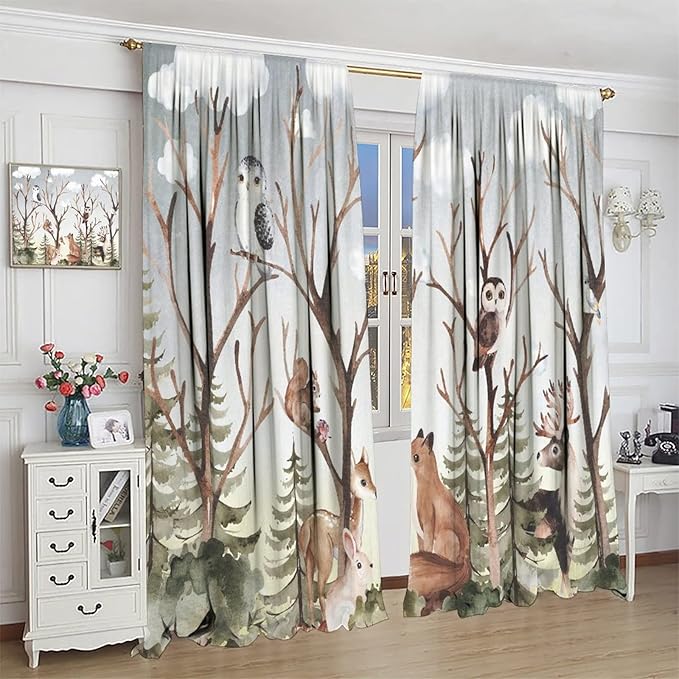 Forest Curtains, Cartoon Woodland Animals Tree Birds Moose Rabbit Mushroom Print Pattern Kids Bedroom Window Treatments Curtains 72x63in