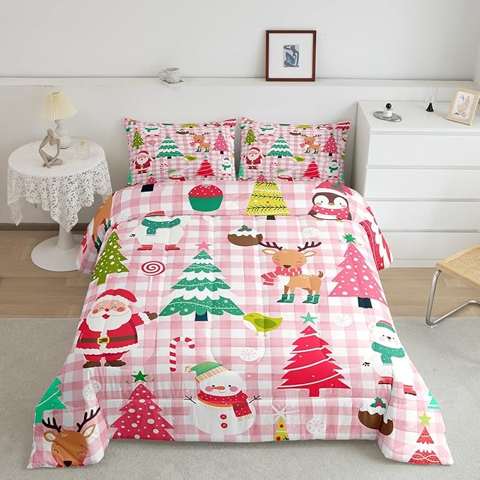 Castle Fairy Merry Christmas Kids Full Size Comforter Set,Cartoon Xmas Style Cute Animals Bedding Comforters Bedroom Collection,Santa Claus Pine Trees Pink Checkered Bedding Set for Girls Teens