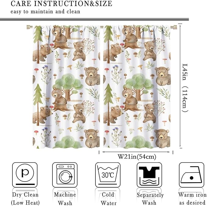 Forest Animal Curtains,Kids Home Bedroom Window Treatments, Cartoon Watercolor Bear Squirrel Woodland Animal Drapes 42x45 Inch