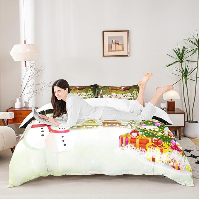 Manfei Christmas Duvet Cover Set Full Size, Xmas Tree Snowman Comforter Cover with 2 Pillowcases, Santa Claus with Deer Bedding Set for Kids Boys Girls New Year Theme Bedspread Cover, No Comforter
