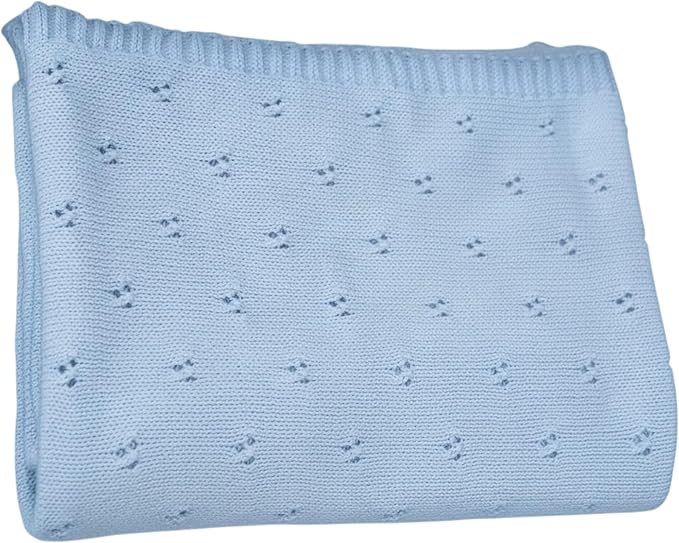 Baby Knit Blanket, 100% Cotton Eyelet Patterns, Soft, Cozy, Lightweight Swaddle for Newborn & Infant Swaddling Beige Neutral, Perfect Baby Shower Ideas Baby Blue 28x36