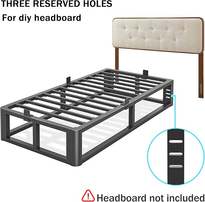 Metal Heavy Duty 14 inch Twin XL Bed Frame with Rounded Corner and Headboard Hole Mattress Retainers 3500 LBS No Box Spring Needed Platform Noise Free Easy Assembly