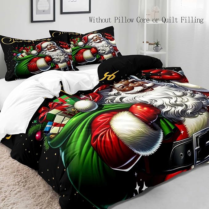 LUVIVIHOME 2PCS Black Santa Claus Duvet Cover Twin Bedding Sets, Christmas Bedding, Holiday Xmas Gifts Black Comforter Quilt Cover, African American Christmas Decorations, Bed in a Bag, 1 Pillow Sham