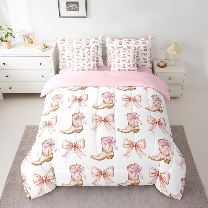 7 Pieces Western Cowgirl Comforter Set King,Pink Bowknot Cowgirl Boots Rustic Farmhouse Bedding Set,Bow Tie Geometric Patchwork Golden（Comforter+Fitted+Flat Sheet+2 Pillowcases+2 Throw Pillow Covers）