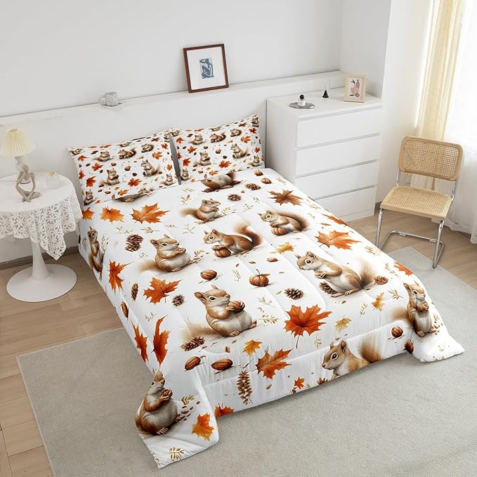 Feelyou Boys Girls Fall Autumn Duvet Cover Queen Size, Cute Squirrel Comforter Set Cartoon Animal Comforter Cover Kids Maple Leaf Teens Bedspread Cover Bedroom Decor Bed Set 3Pcs