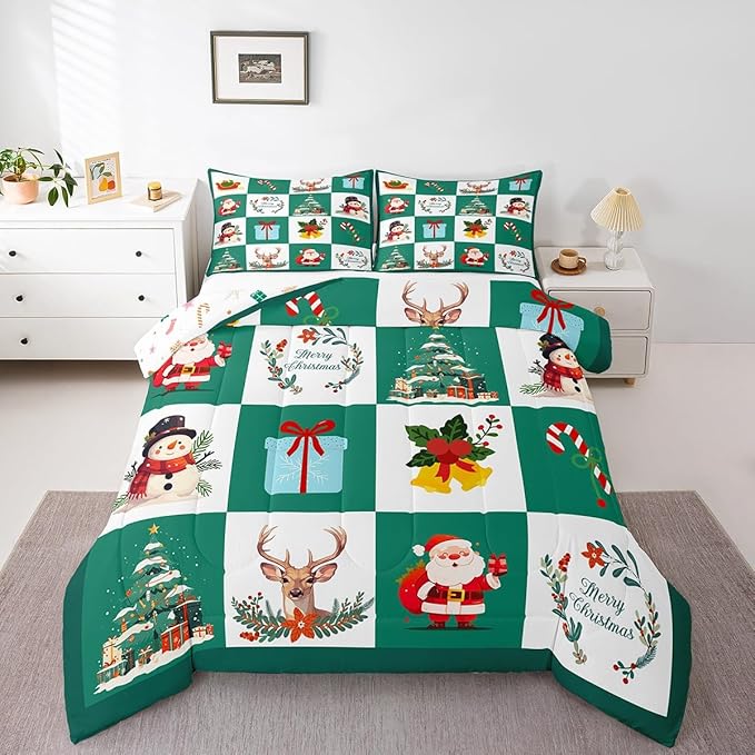 Erosebridal Merry Christmas Quilt King Size for Kids Teens Santa Claus Xmas Tree Bedding Set Cartoon Deer Snowman Comforter Set with 2 Pillow Cases