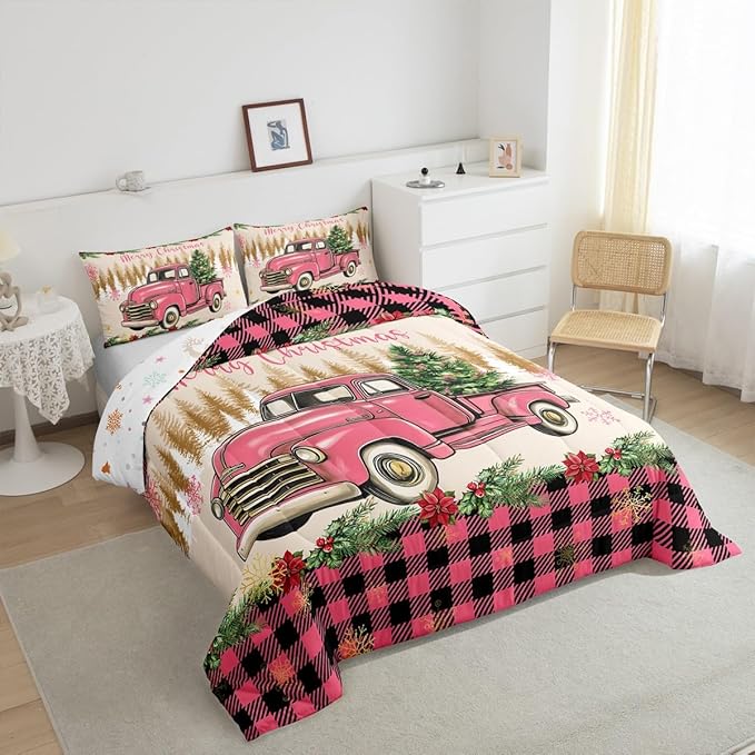 Erosebridal Christmas Queen Comforter Set Merry Xmas Tree Bedding Sets Red Truck Painting Down Comforter,Lattice Decor Bed Set for Kids Boys Girls Teens Bedroom Decor,Reversible