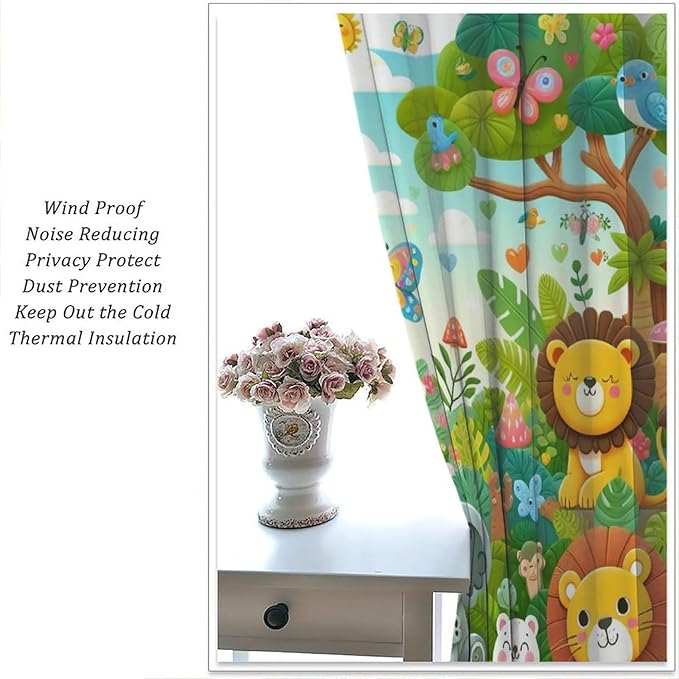 Cartoon Animals Curtain Jungle Forest Elephant Lion Butterfly Floral Print Curtains for Kids Boys Girls Nursery Baby Bedroom Playroom Home Decor Window Drapes 55" W X 63" L