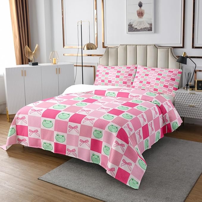 Manfei Cartoon Frog Kids Bedspread King Size,Pink Bowknot Bow Tie Butterfly Knot Coverlet Set,Girls Women Room Decor,Geometric Plaid Grid Patchwork Quilted Coverlet,Cute Bedding Quilt,2 Pillowcases