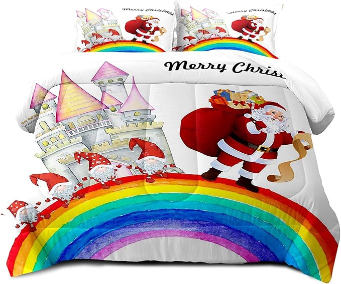 LUVIVIHOME 3PCS Merry Christmas Comforter Set Full Size, Funny Santa Claus Bedding, Gnome Castle Rainbow Christmas Bedroom Decor for Kids Girls Boys Teens, White Quilt, Xmas Gifts, 2 Pillow Cases