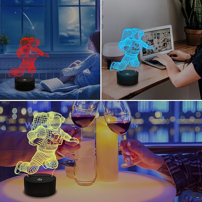 FULLOSUN Spaceman 3D Night Light, Astronaut Rocket Optical Illusion Lamp Birthday Gift Idea for Outer Space Fan Xmas, Living Room Decor Night Light with 7 Colors Changing