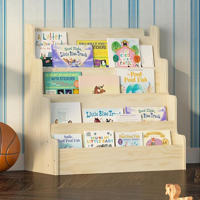 4 Tier Scalloped Kids Bookshelf Natural Wood Toddler Book Rack Nursery Bookcase Playroom Coloring Book Magazine Display Storage Shelf Organizer Classroom Library Homeschooling (Normal)