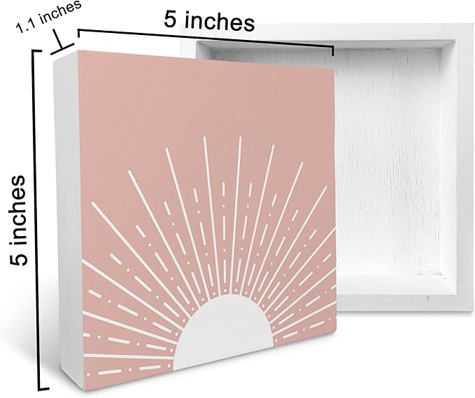 KU-DaYi Abstract Boho Sun Sunrise Sunshine Blush Pink Wood Box Sign Rustic Farmhouse Style Wood Block Plaque Decor for Bohemian Home Girls Room Wall Desk Shelf Decoration